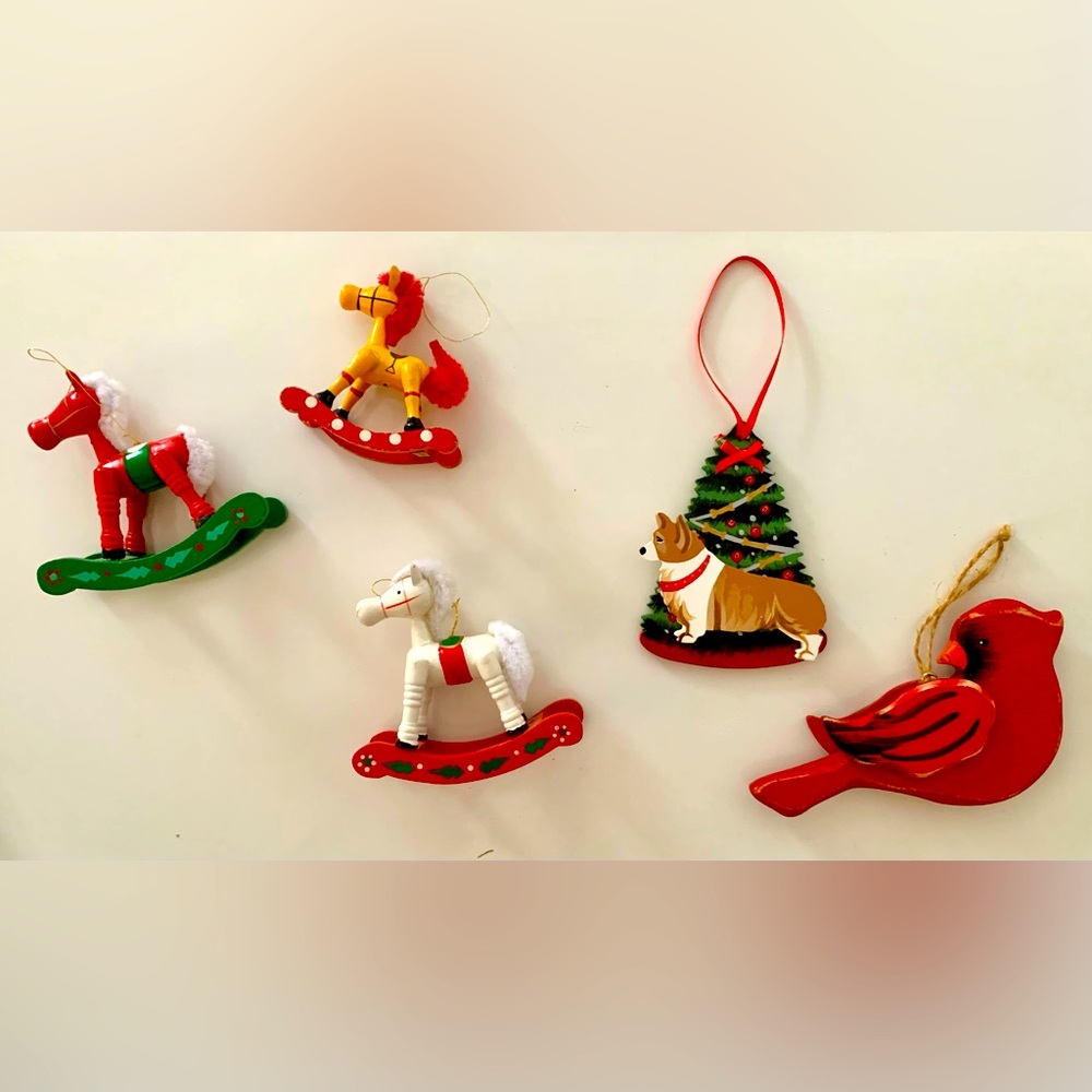 Vintage Wood Ornaments - Horse - Corgi - Bird
